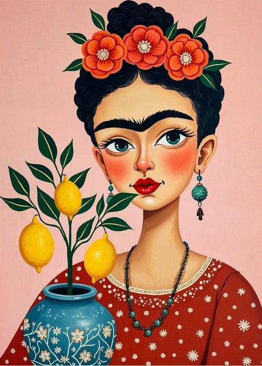 Frida Kahlo illustration beside a blue vase with a lemon tree, orange flowers in her hair on a pink background.