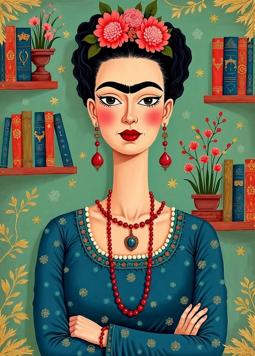 Illustrated postcard of Frida Kahlo among colorful bookshelves with flowers in her hair