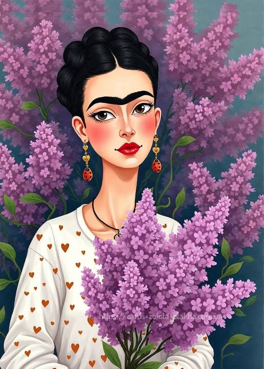 Illustriertes Porträt von Frida Kahlo vor blühendem Flieder mit Herzchen-Pullover