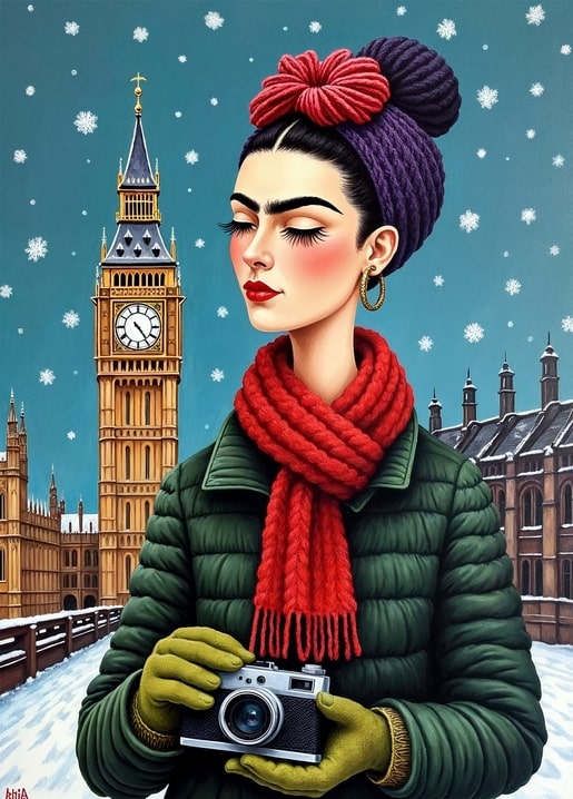 Illustrated postcard of Frida Kahlo in a snowy London scene with Big Ben and a camera