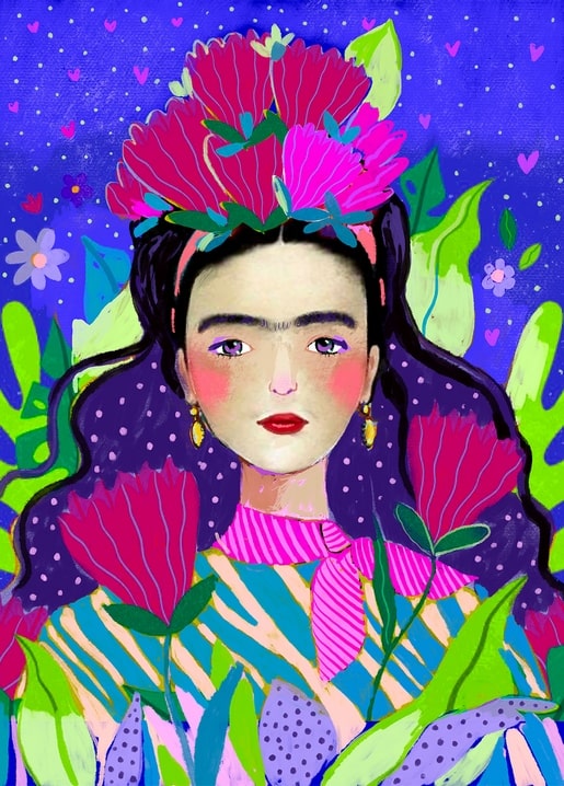 Bright illustration of Frida Kahlo with a magenta flower crown on a starry blue background