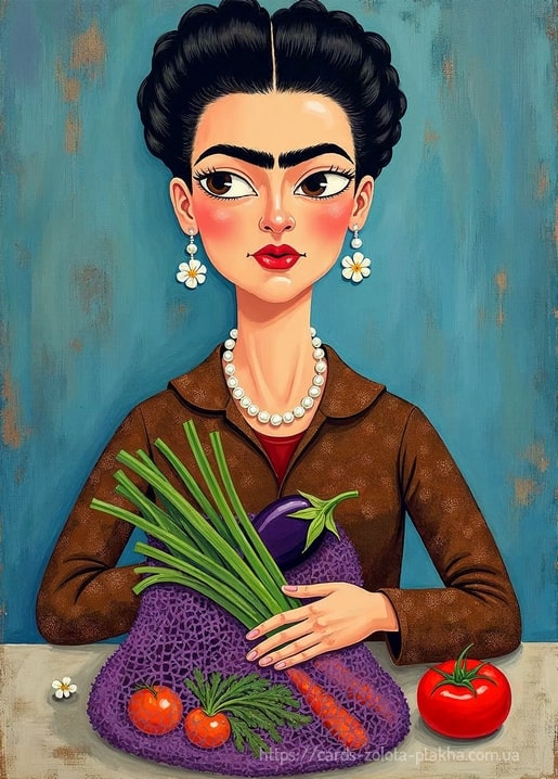 Illustrated portrait of Frida Kahlo holding eggplant, carrots and tomatoes in a net bag