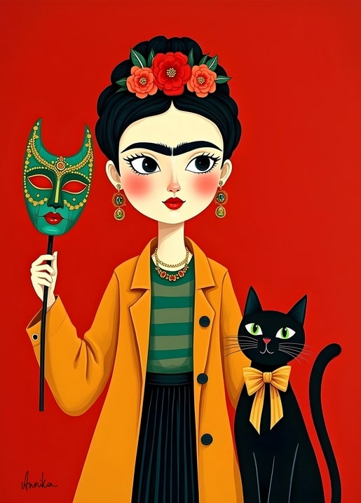 Mädchen im Frida-Kahlo-Stil mit Karnevalsmaske und schwarzer Katze auf Rot