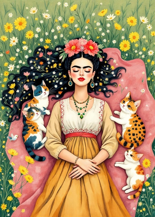 Illustration von Frida Kahlo auf einer Blumenwiese mit vier verspielten Katzen