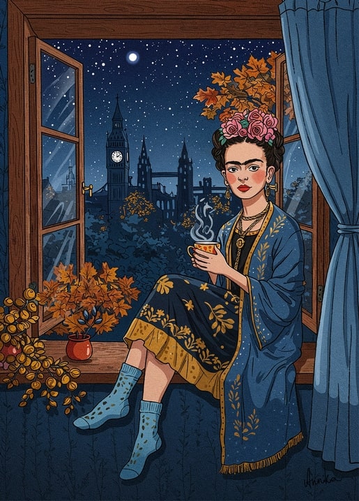 Frida Kahlo trinkt Tee am Nachtfenster mit Blick auf London und Vollmond