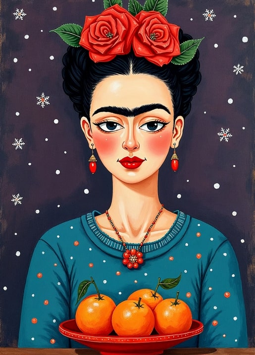 Frida Kahlo-inspired girl with a flower crown sitting behind a plate of ripe oranges, purple winter backdrop