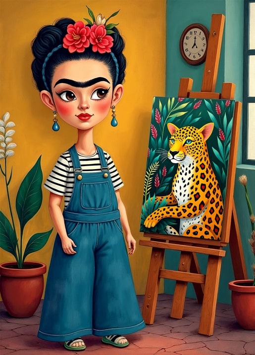 Illustration of a girl with flowers in her hair painting a leopard on an easel in a sunlit studio