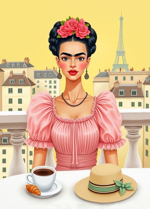 Illustration von Frida Kahlo mit Kaffee, Croissant und Strohhut über den Dächern von Paris