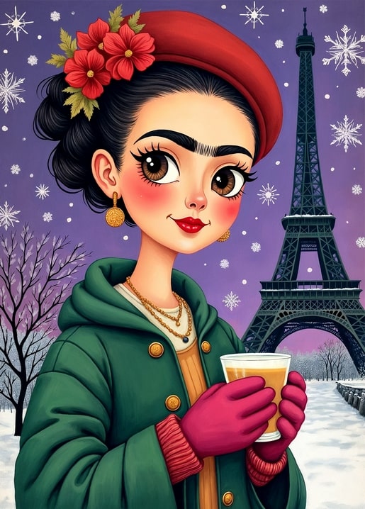 Frida Kahlo-inspired girl in a red beret drinking coffee in front of the snowy Eiffel Tower