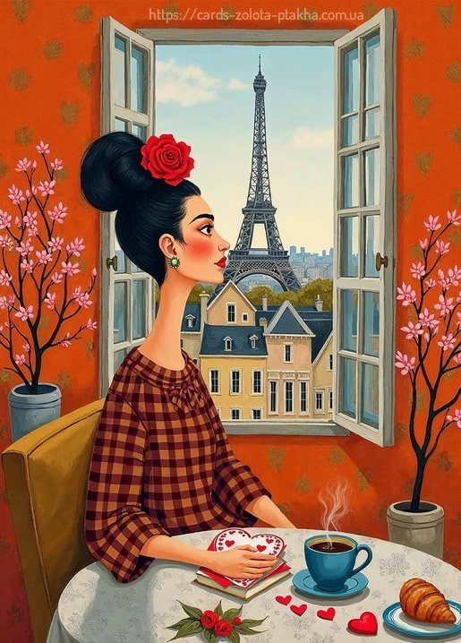 Illustrierte Frida Kahlo am Fenster in Paris mit Kaffee und Eiffelturm-Blick