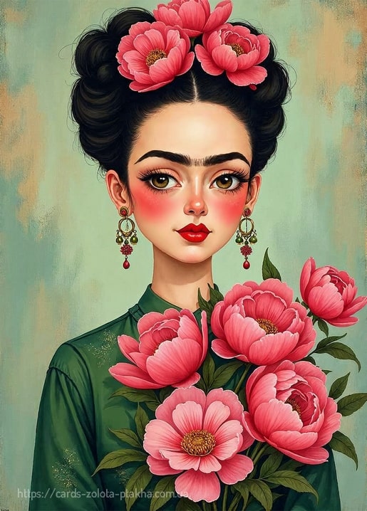 Illustrierte Nahporträt-Postkarte von Frida Kahlo umgeben von großen rosa Pfingstrosen