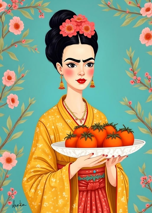 Illustrierte Frida-Kahlo-Figur im Kimono hält eine Schale Kakis