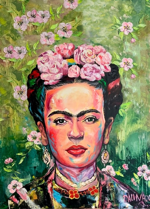 Colorful portrait of Frida Kahlo with pink peonies in her hair against a green background