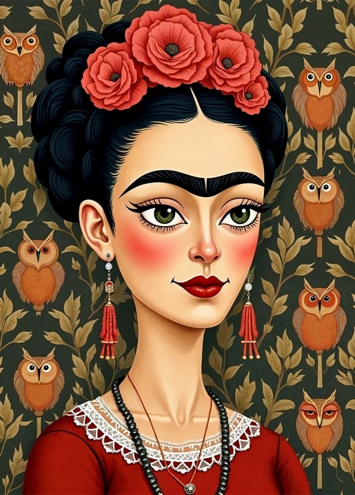 Illustrated portrait crowned with red poppies against dark wallpaper patterned with owls