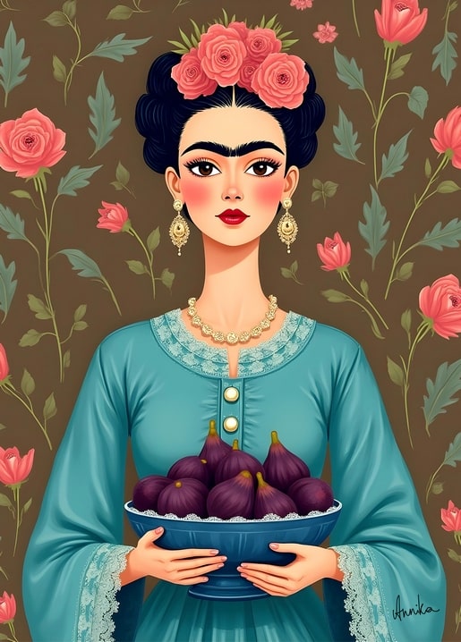 Illustriertes Porträt einer Frau im Frida-Kahlo-Stil mit einer Schale Feigen zwischen rosa Blüten