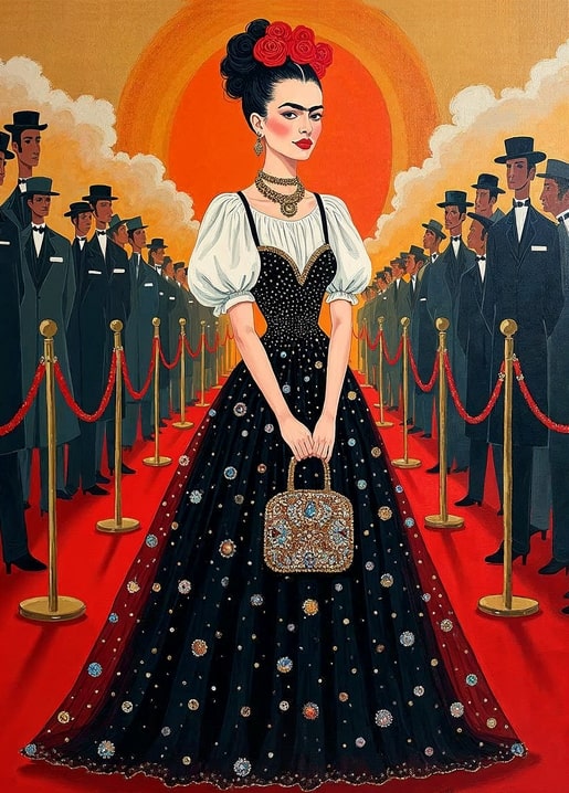 Illustrated postcard of Frida Kahlo in a beaded gown walking a red carpet past men in tuxedos