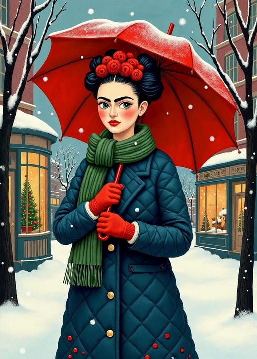 Frida Kahlo illustration walking through snow under a red umbrella, wearing a quilted coat and green scarf.