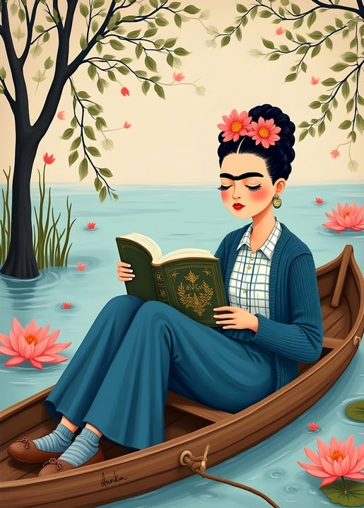 Frida Kahlo liest ein Buch im Ruderboot zwischen rosa Seerosen