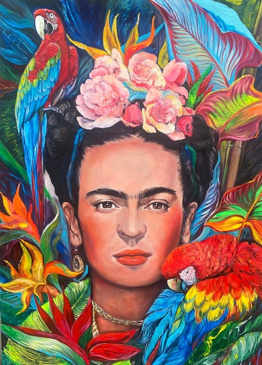 Painterly portrait of Frida Kahlo with a scarlet macaw, roses, and tropical leaves