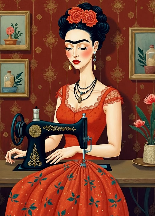 Frida Kahlo-style illustration sewing at a vintage black sewing machine in a red dress
