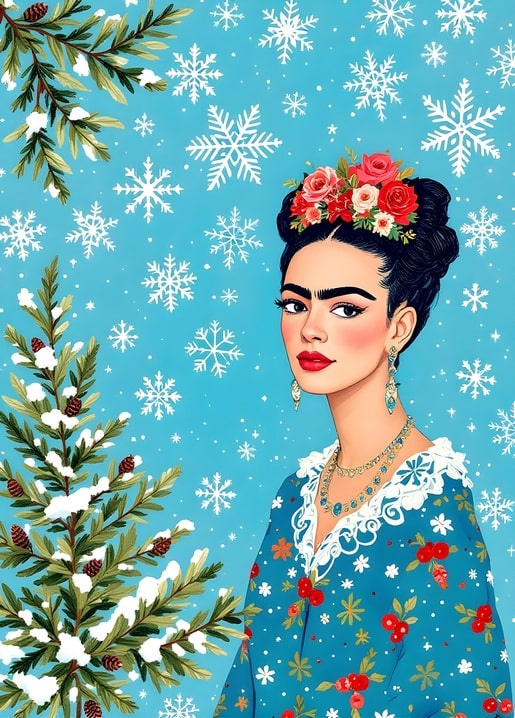 Frida Kahlo-inspired girl with roses in her hair standing beside a snowy pine tree, blue winter illustration