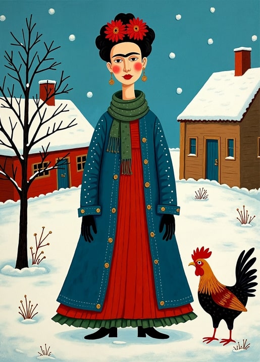 Folk-art illustration of a Frida Kahlo-inspired woman in a snowy village with a rooster beside her