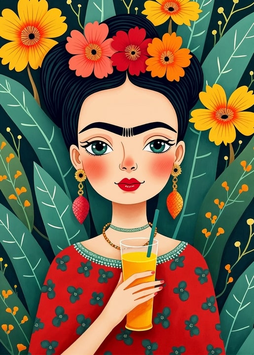 Frida Kahlo illustration holding a tropical drink, surrounded by green leaves and orange and red blossoms.