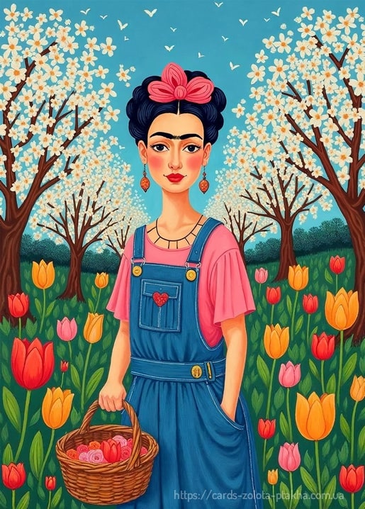 Illustrierte Frida Kahlo in Latzhose mit Rosenkorb im blühenden Tulpengarten