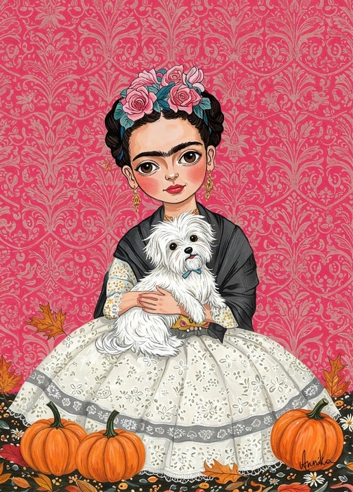 Frida-Kahlo-Porträt mit weißem Schoßhund und Kürbissen vor rosa Tapete
