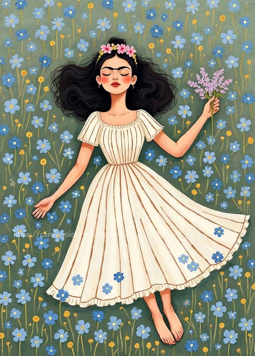 Illustrierte Postkarte: Frida Kahlo liegt zwischen Vergissmeinnicht und Wildblumen auf einer Wiese