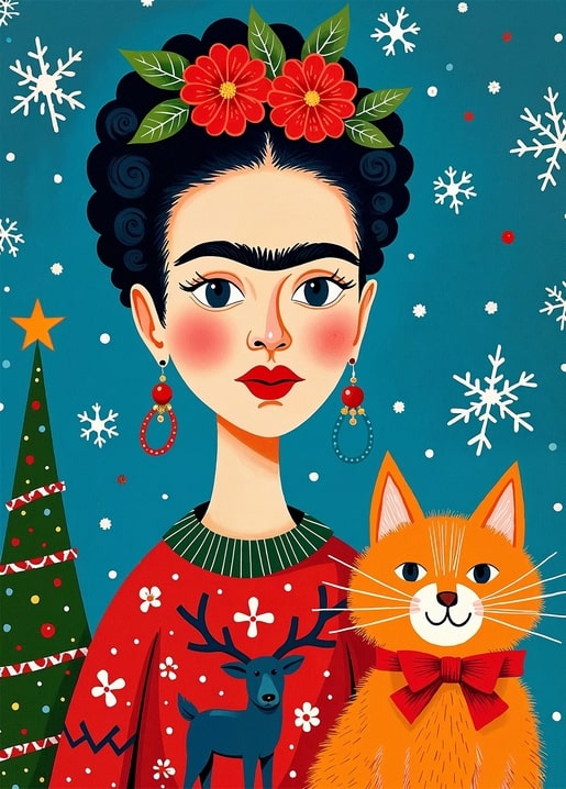 Illustration of Frida Kahlo in a red sweater with a Christmas tree, snowflakes, and a ginger cat in a bow tie