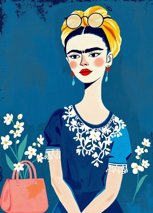 Illustration von Frida Kahlo mit gelbem Kopftuch, Sonnenbrille und weißen Blüten