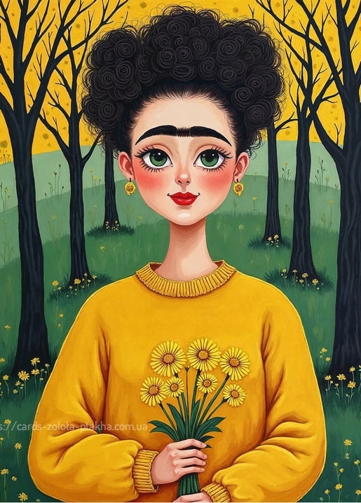 Illustrierte Frida Kahlo im gelben Pullover mit einem Strauß gelber Gänseblümchen