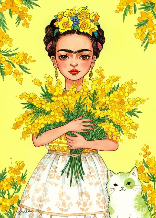 Жінка у стилі Фріди Кало з букетом жовтої мімози та білим котом
