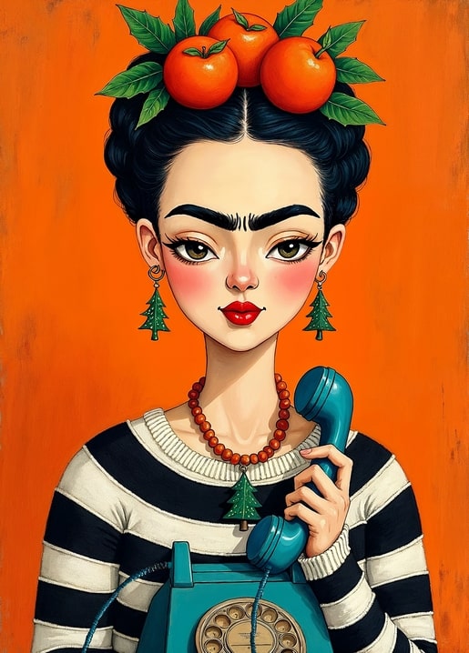Illustrated postcard of Frida Kahlo with an orange crown talking on a retro telephone