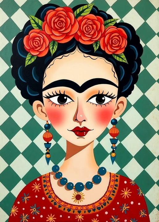 Pop-art style postcard of Frida Kahlo with a red rose crown on a teal checkered background