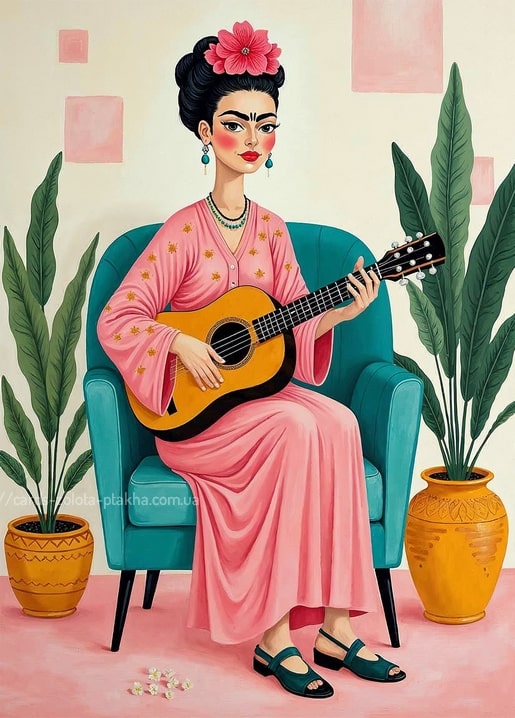 Illustration im Frida-Stil: Mädchen spielt Gitarre in einem türkisfarbenen Sessel zwischen tropischen Pflanzen