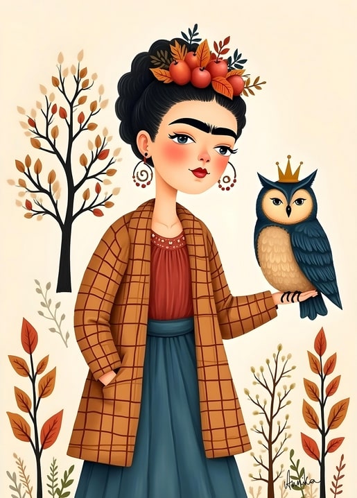 Illustriertes Mädchen im Frida-Kahlo-Stil mit Herbstkranz und gekrönter Eule