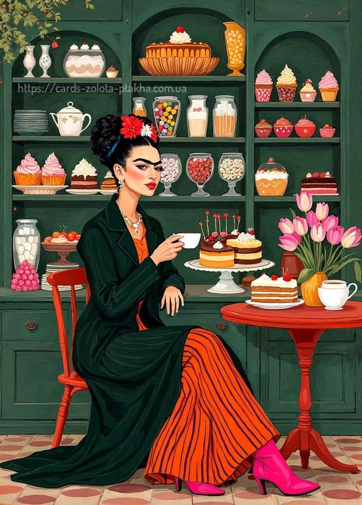 Illustration im Frida-Stil: Mädchen trinkt Tee und isst Kuchen in einer Konditorei