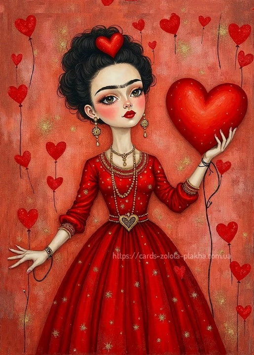 Illustration im Frida-Stil: Mädchen im roten Kleid hält ein großes Herz zwischen Herzballons
