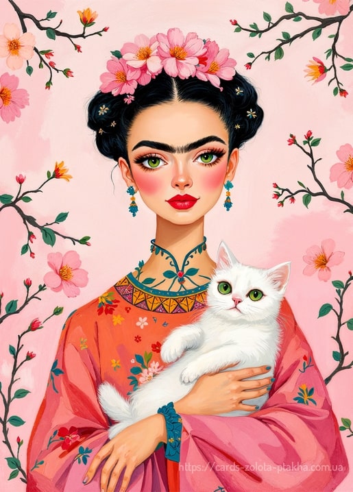Illustration im Frida-Stil: Mädchen mit Blumenkranz hält eine weiße Katze vor rosa Kirschblüten