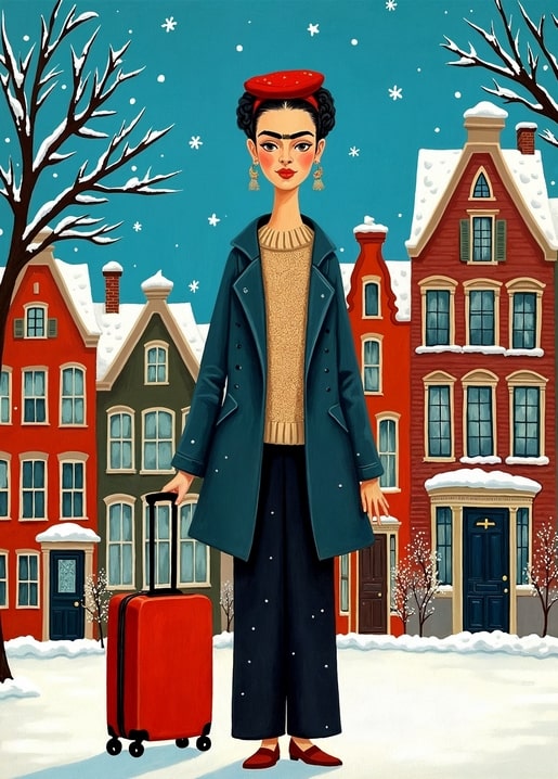 Illustrated postcard of Frida Kahlo pulling a red suitcase through a snowy town