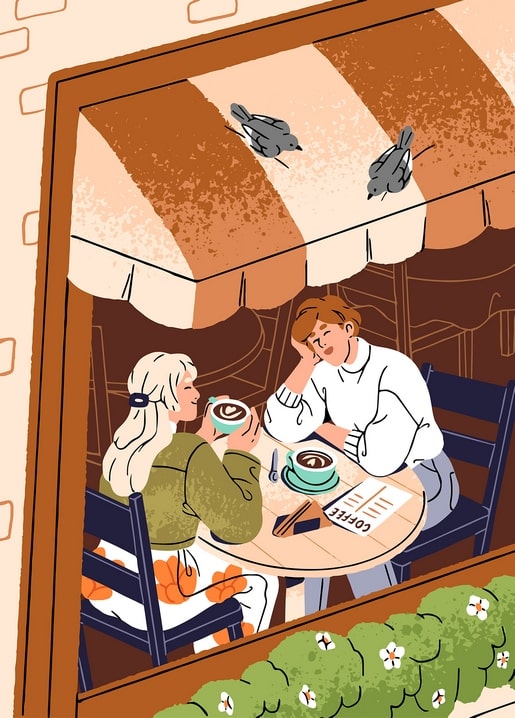 Illustrated aerial view of two friends drinking coffee at a café with birds on a striped awning