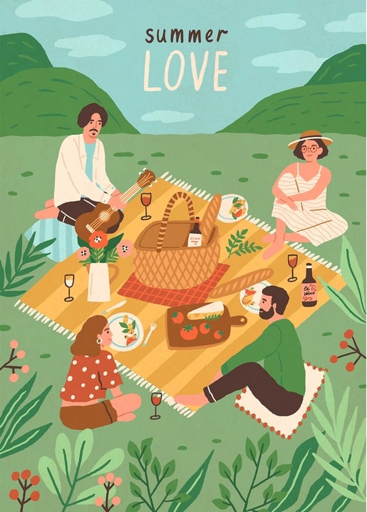 Four friends picnicking on a meadow with wine, guitar, and bread, illustrated postcard
