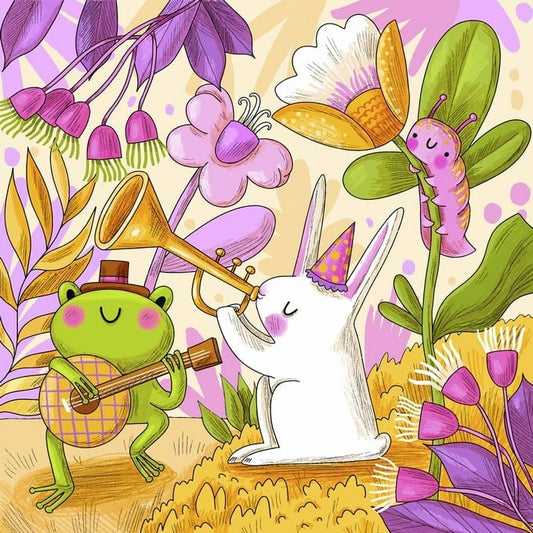 Frosch mit Banjo und Hase mit Partyhut und Trompete zwischen lila und goldenen Blüten