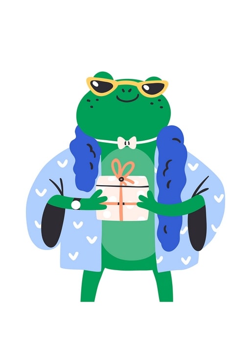 Illustrierter Frosch mit Sonnenbrille und herzgemustertem Pelzmantel hält ein Geschenk