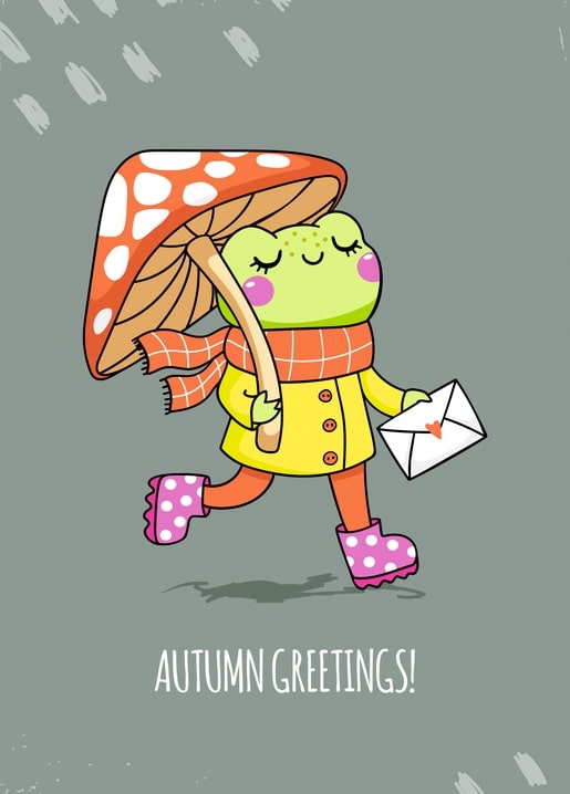 Illustrated frog courier under a spotted mushroom umbrella in autumn rain