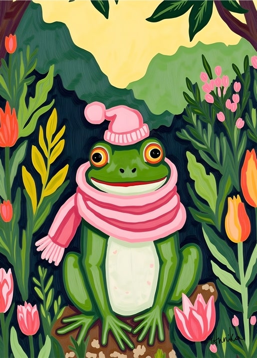 Illustration eines Froschs mit rosa Mütze und Schal zwischen Tulpen, Postkarte AnniKa