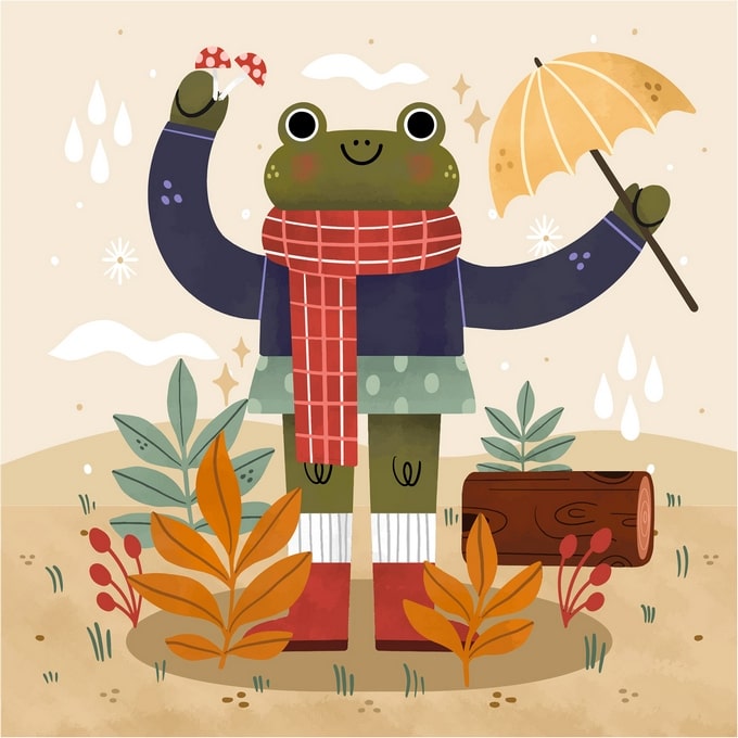 Illustrated frog character in a scarf holding an umbrella and a red mushroom among autumn leaves