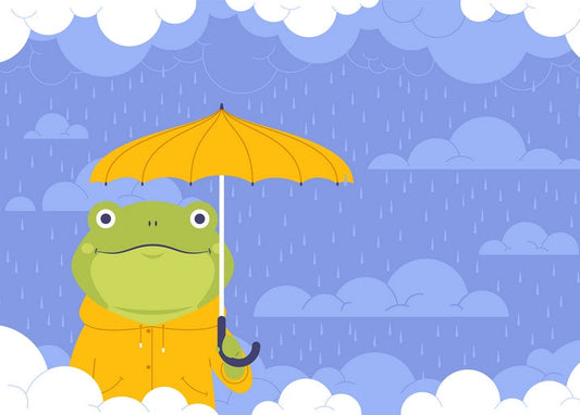 Cartoon frog in a yellow raincoat holding a matching umbrella in the rain